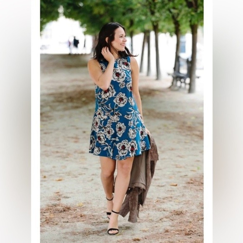 Cooper & Ella Rani sleeveless dress blue cream red floral, size M drop waist